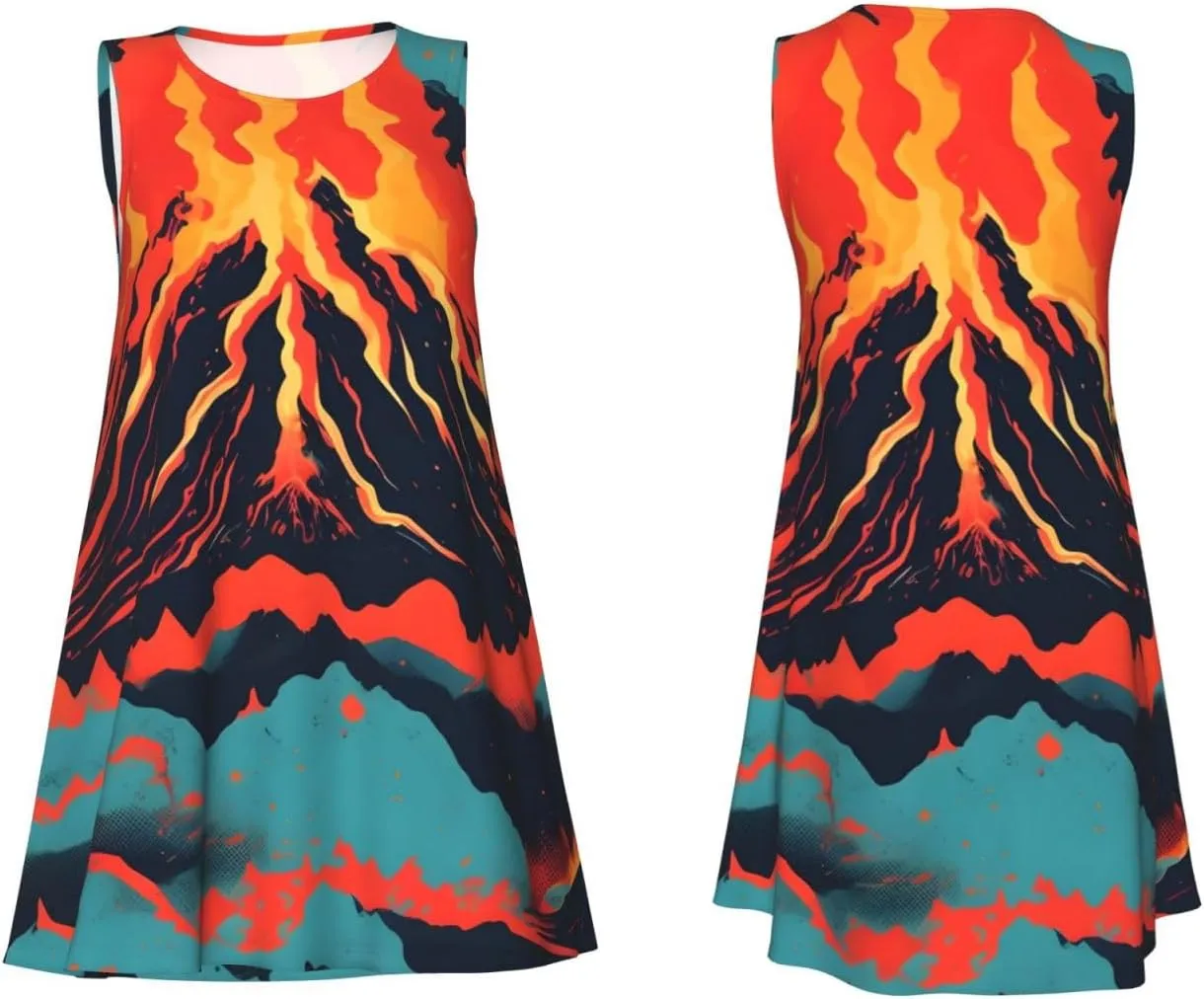 Volcano Print Boho Dress for Women Sleeveless Crew Neck Summer Women's Casual Loose Dress Assorted Size