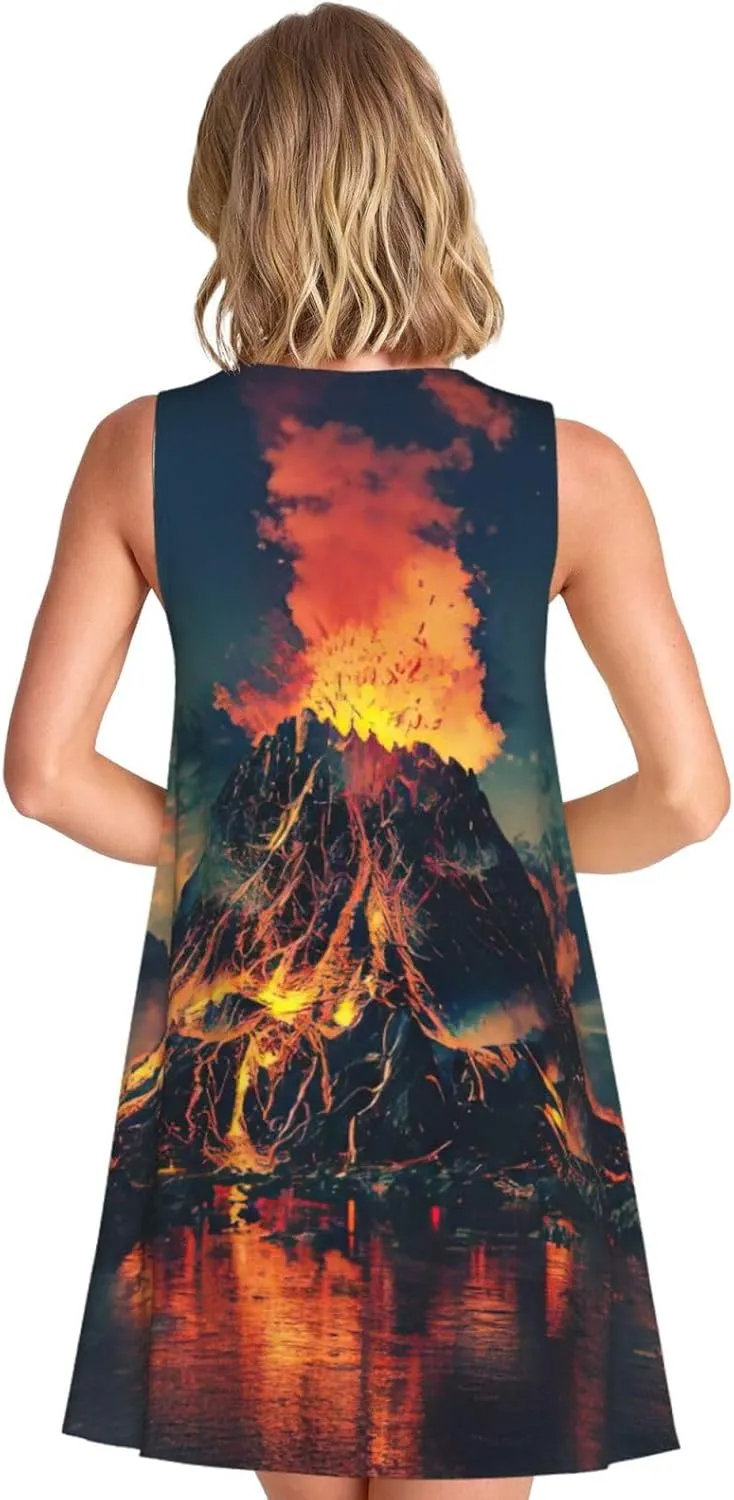 Volcano Print Boho Dress for Women Sleeveless Crew Neck Summer Women's Casual Loose Dress Assorted Size