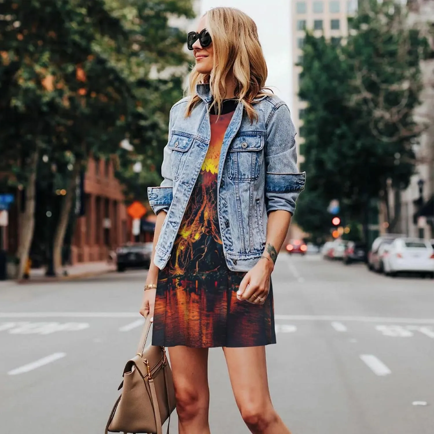 Volcano Print Boho Dress for Women Sleeveless Crew Neck Summer Women's Casual Loose Dress Assorted Size
