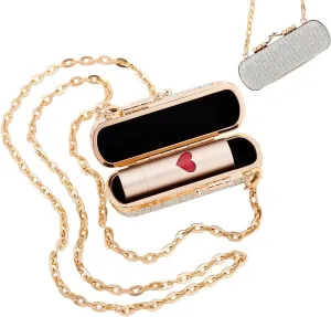 WADORN Rhinestone Lipstick Holder, Portable Makeup Pouch with Chain, Mini Storage Box for Women, Party Travel Cosmetic Holder, Mother's Day Gift, Platinum