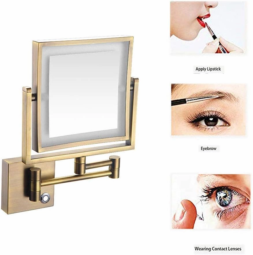 Wall Mounted Makeup Mirror with LED Lighted, 3X Magnification, 360 Degree Swivel, Two-Sided Extendable, 8 Inch Rectangle, Extendable Arm, for Bathroom