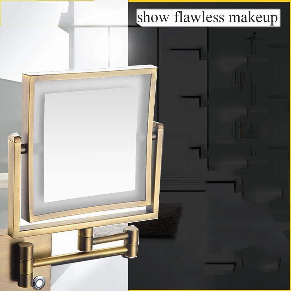 Wall Mounted Makeup Mirror with LED Lighted, 3X Magnification, 360 Degree Swivel, Two-Sided Extendable, 8 Inch Rectangle, Extendable Arm, for Bathroom