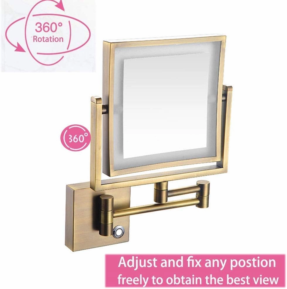 Wall Mounted Makeup Mirror with LED Lighted, 3X Magnification, 360 Degree Swivel, Two-Sided Extendable, 8 Inch Rectangle, Extendable Arm, for Bathroom