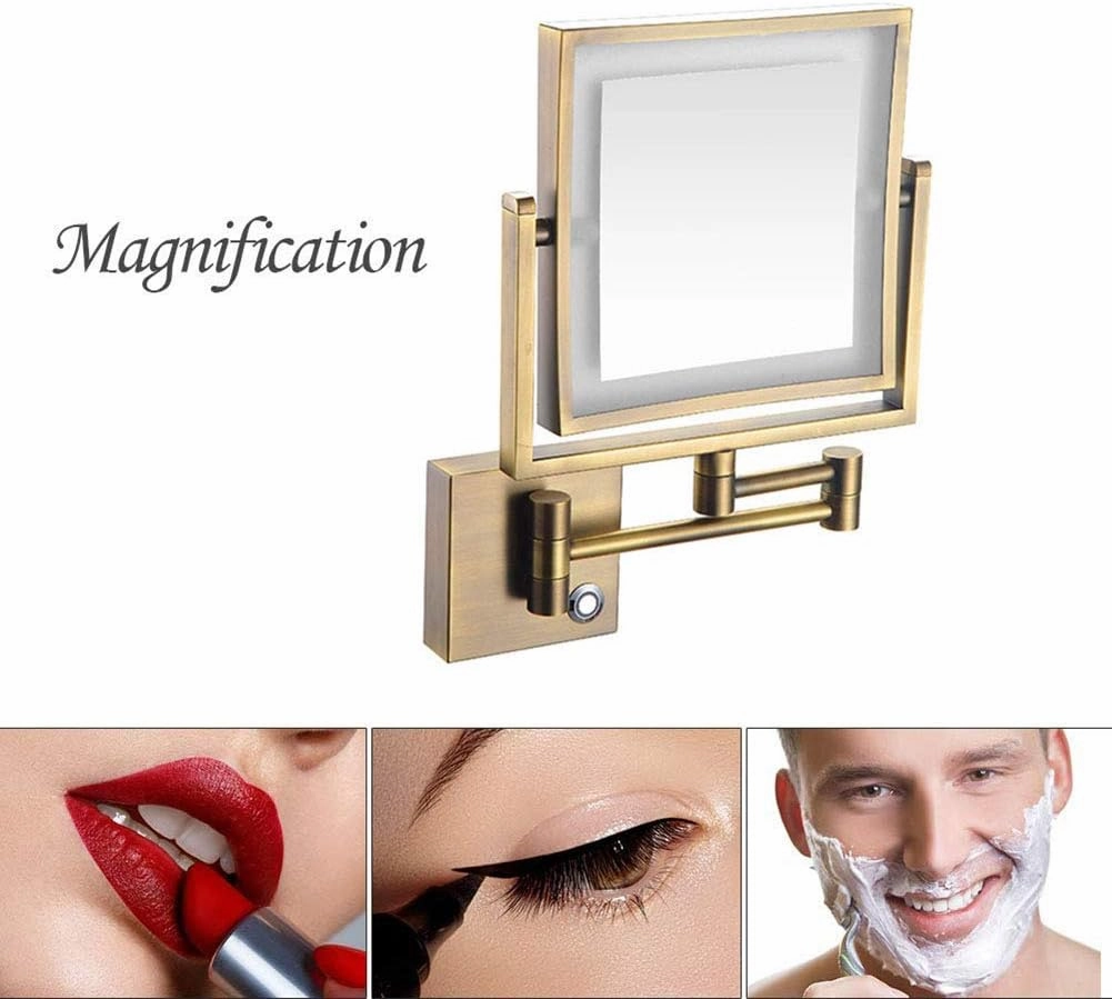 Wall Mounted Makeup Mirror with LED Lighted, 3X Magnification, 360 Degree Swivel, Two-Sided Extendable, 8 Inch Rectangle, Extendable Arm, for Bathroom