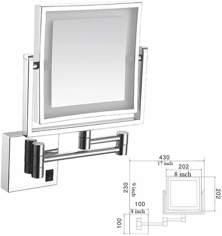 Wall Mounted Makeup Mirror with LED Lighted, 3X Magnification, 360 Degree Swivel, Two-Sided Extendable, 8 Inch Rectangle, Extendable Arm, for Bathroom