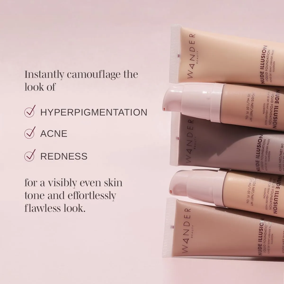 Wander Beauty Nude Illusion Liquid Foundation - Light - Medium to Full Coverage Foundation - Natural Makeup with Vitamin E & Macadamia - Nude Skin Finish Blurs & Conceals - Travel-Friendly -1.01 fl oz