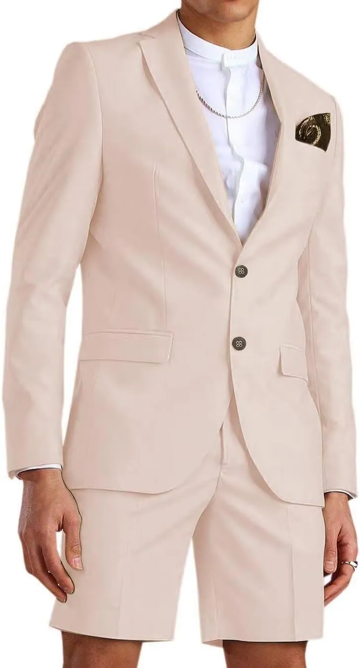 Wangyue Shorts Suits for Men 2 Piece Slim Fit Two Button Men Shorts Suit Set Casual Prom Summer Beach Wedding