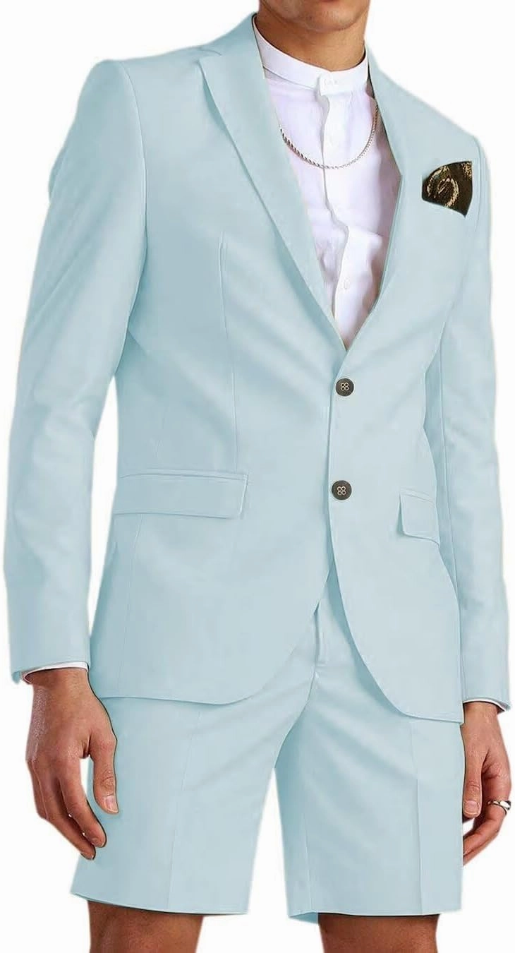 Wangyue Shorts Suits for Men 2 Piece Slim Fit Two Button Men Shorts Suit Set Casual Prom Summer Beach Wedding
