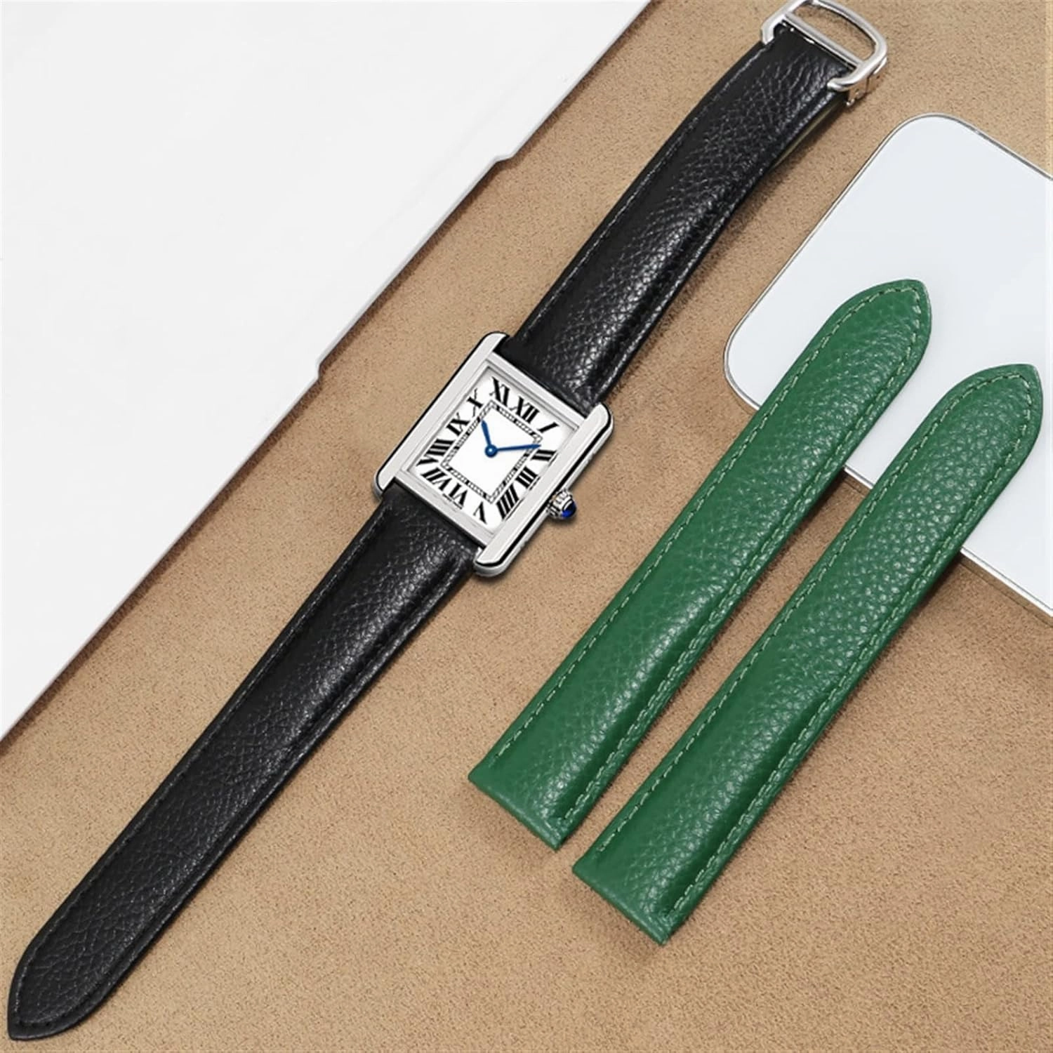 Watch Band for Cartier Tank Solo Men Lady Deployant Clasp Watch Strap Genuine Leather Soft Watch Bracelet Belt 20mm 22mm 23mm (Color : Green-Rose Gold, Size : 17mm)