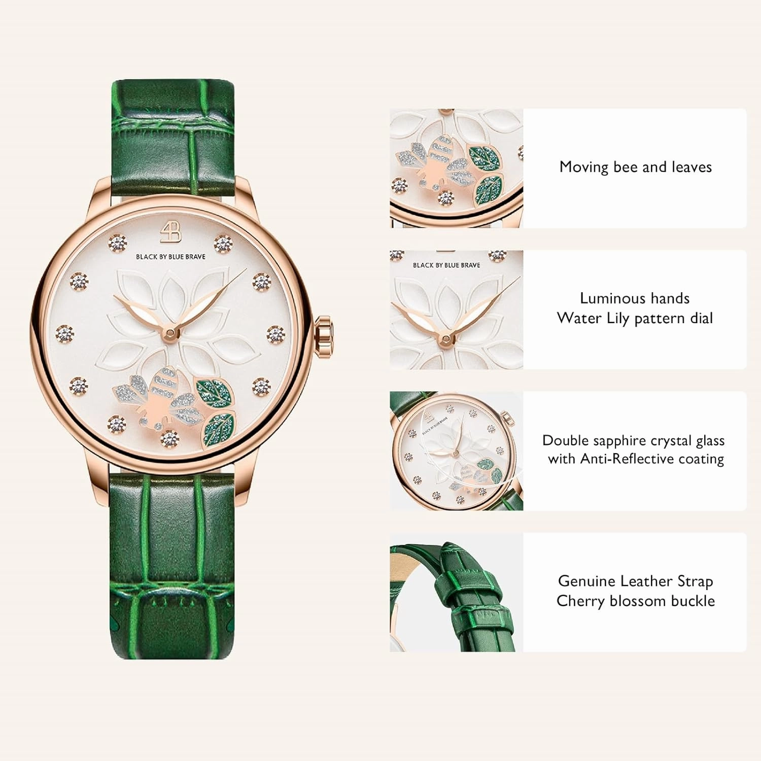 Water Lily Women's Watch: Moving Bees with Genuine Leather Strap Watch for Women