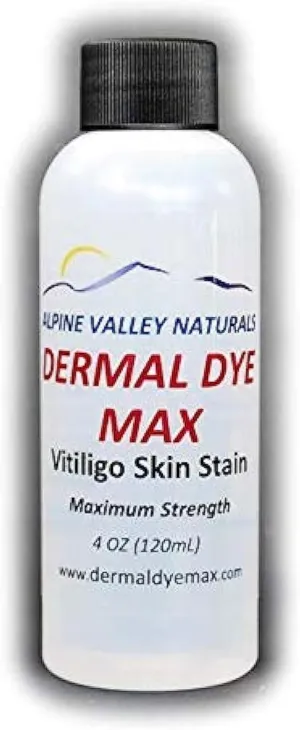 Waterproof Vitiligo treatment skin dye for darkening un-pigmented skin patches. Long lasting alternative to temporary make-up concealers, camouflage creams.