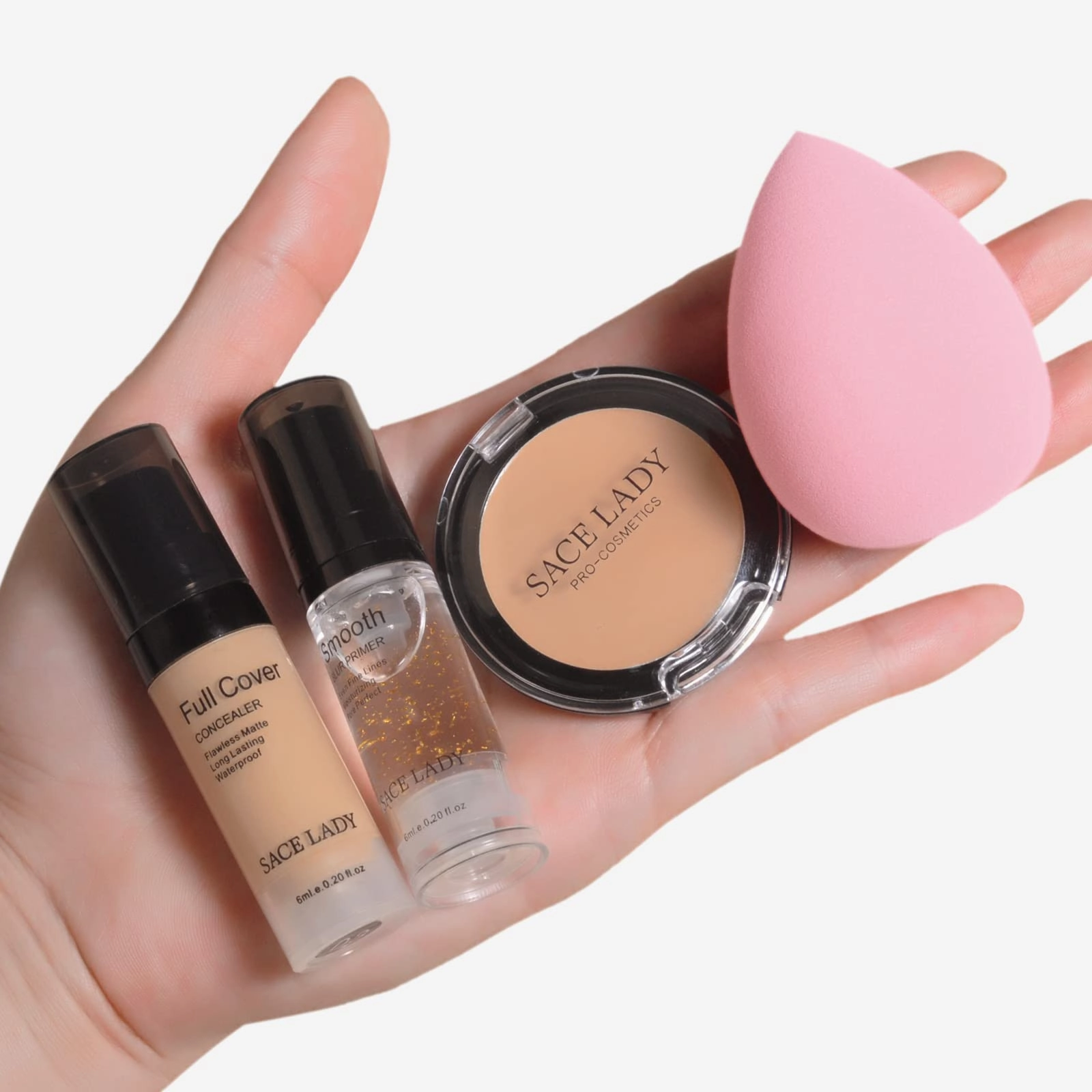 Waterproof Full Coverage Concealer With Primer Sponge Set, Smooth Matte Flawless Creamy Liquid Foundation Corrector Makeup Kit for Face Eye Dark Circles Spot Acne Scar Cover (0.2Fl, Light Natural)