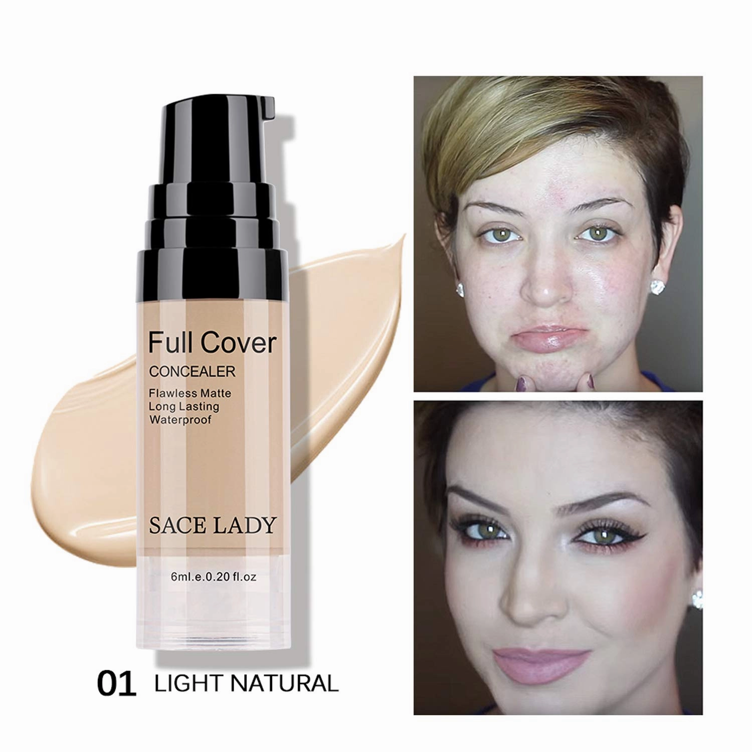 Waterproof Full Coverage Concealer With Primer Sponge Set, Smooth Matte Flawless Creamy Liquid Foundation Corrector Makeup Kit for Face Eye Dark Circles Spot Acne Scar Cover (0.2Fl, Light Natural)