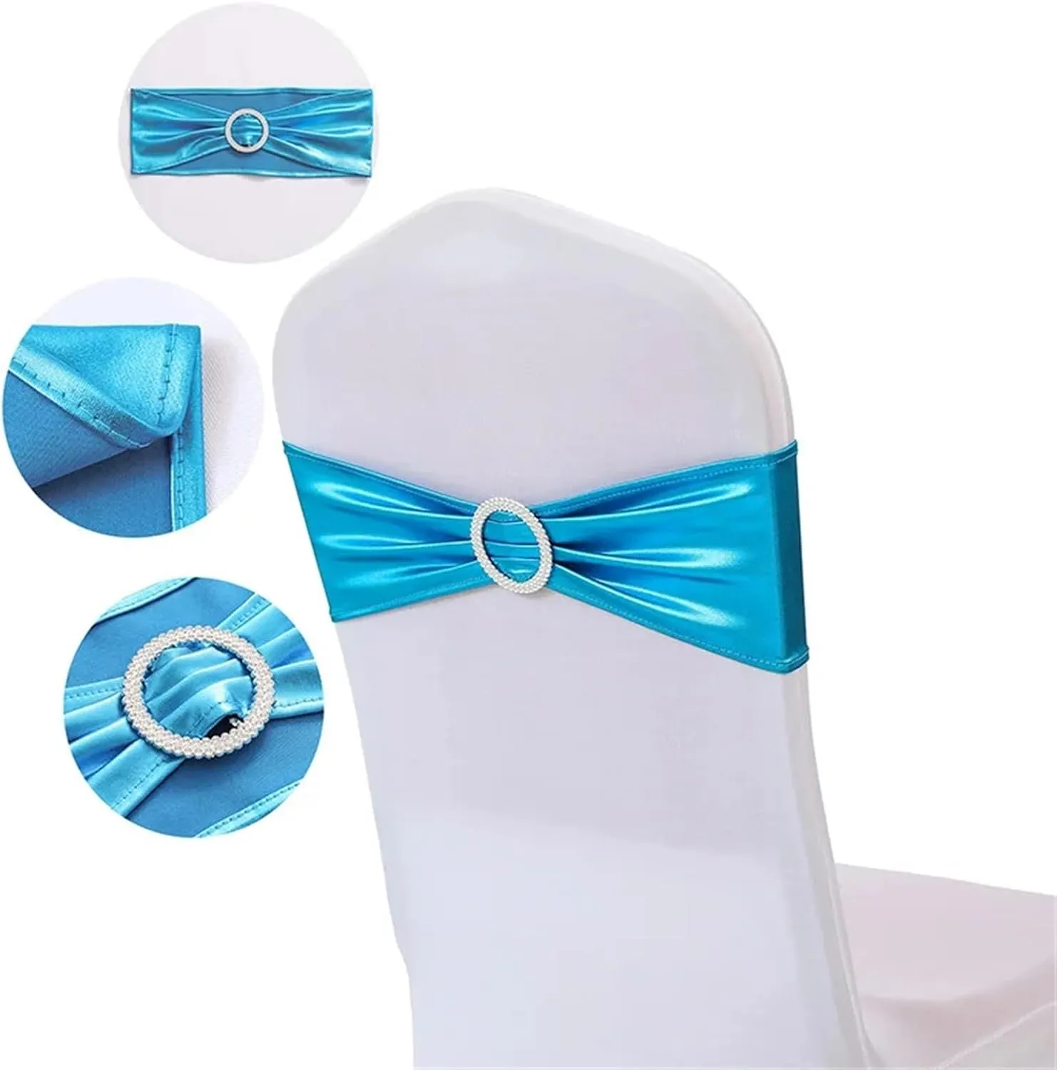 Wedding Spandex Chair Sash, Shiny Metallic Bands, Ribbon with Round Buckle, Birthday Party and Hotel Decoration Satin Chair Sashes(Dark Blue)