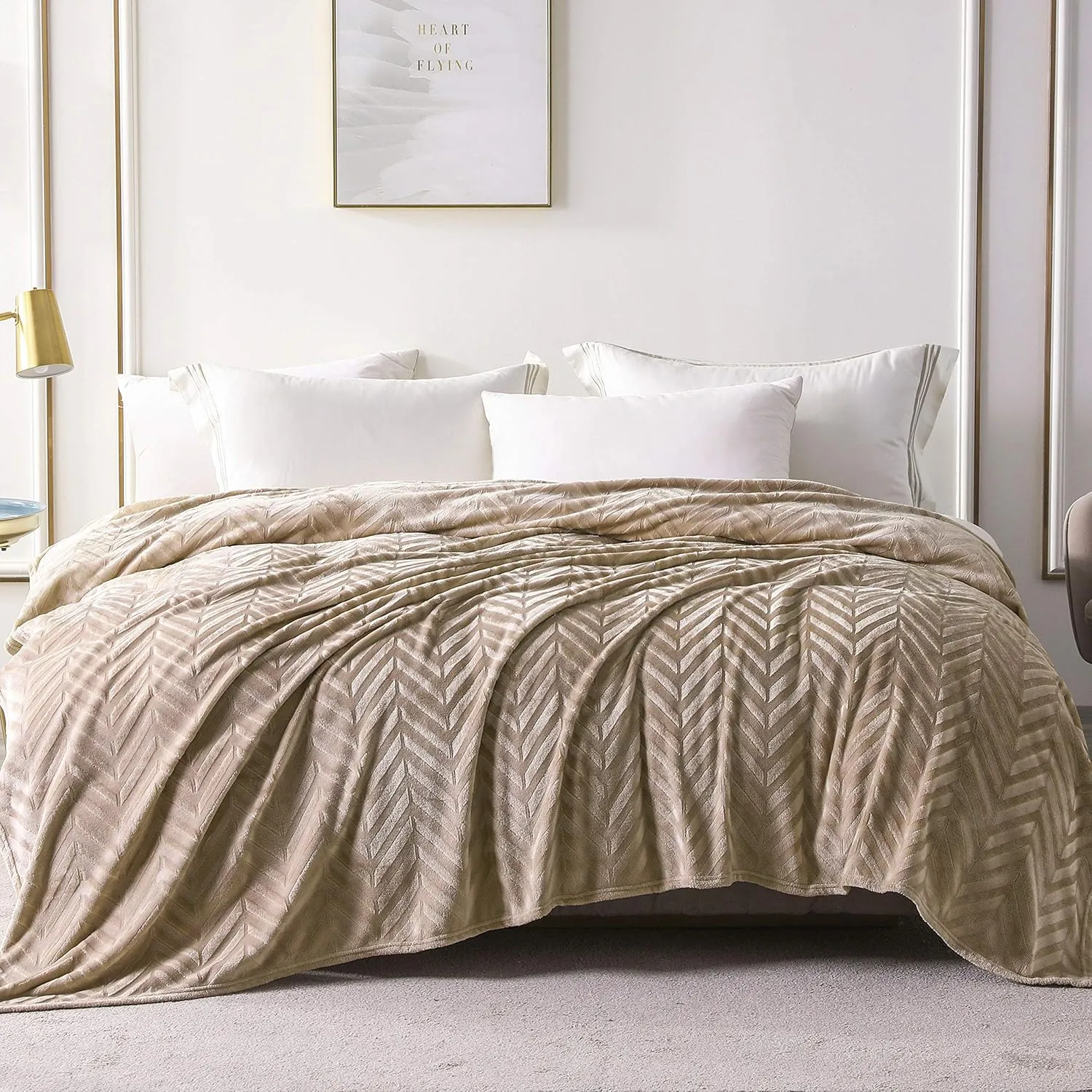 Whale Flotilla Flannel Fleece Queen Size Bed Blanket, Lightweight Breathable Soft Bedspread Plush Fluffy Coverlet Chevron Design Decorative Blanket for All Season, 90x90 Inch, Champagne
