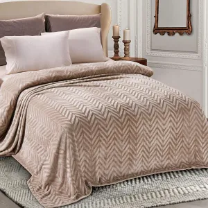 Whale Flotilla Flannel Fleece Queen Size Bed Blanket, Lightweight Breathable Soft Bedspread Plush Fluffy Coverlet Chevron Design Decorative Blanket for All Season, 90x90 Inch, Champagne