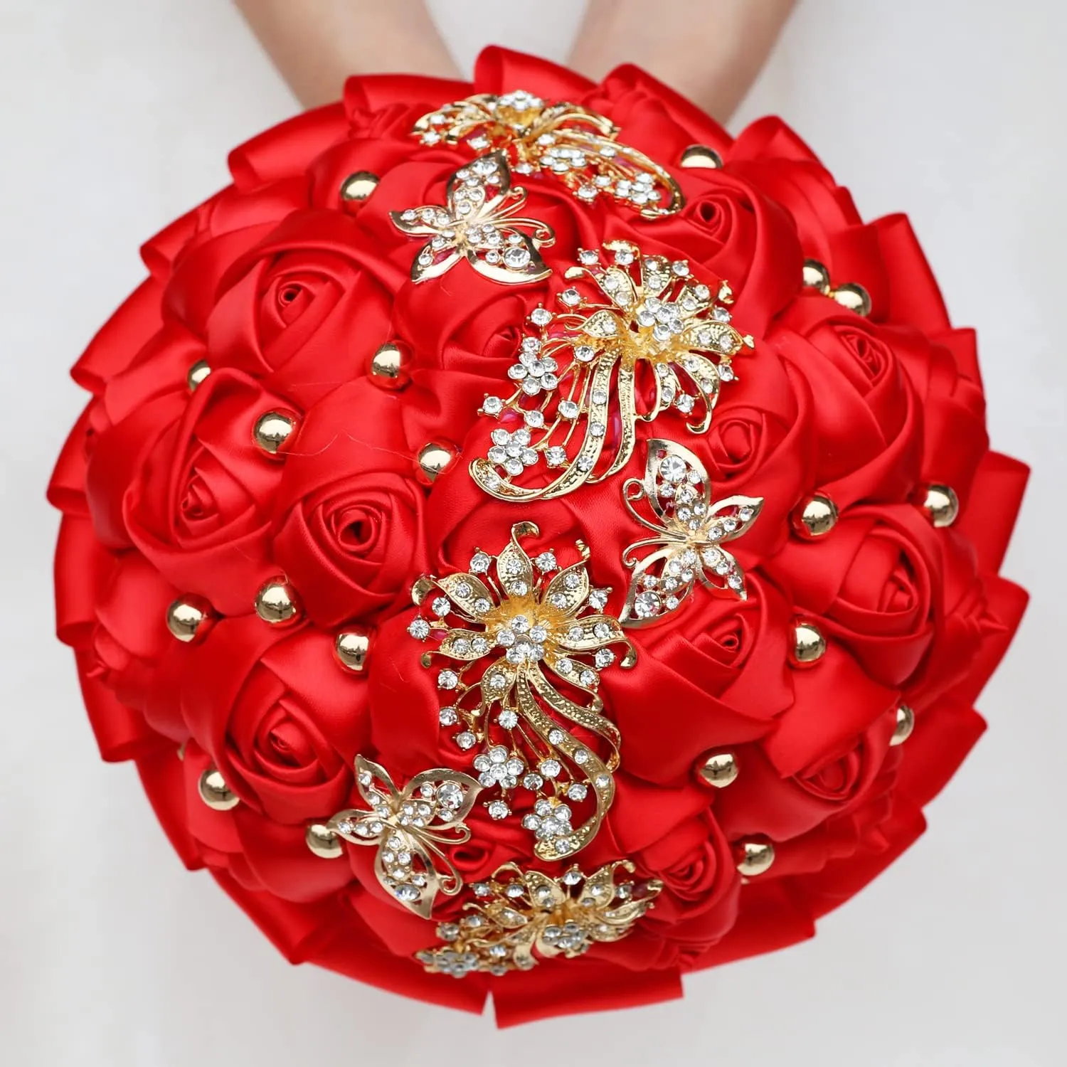 WIFELAI-A Golden Rhinestone Brooch Wedding Flowers Bridal Bouquets Crystal Bride Holding Bouquet White Ivory Satin Roses with Diamond