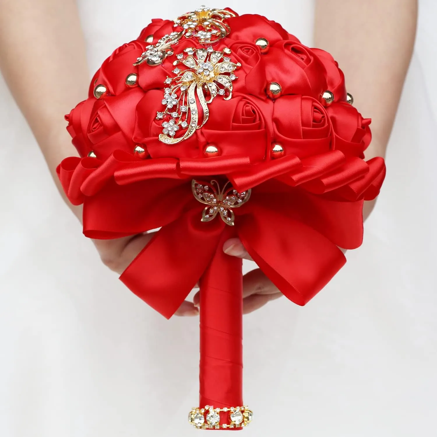 WIFELAI-A Golden Rhinestone Brooch Wedding Flowers Bridal Bouquets Crystal Bride Holding Bouquet White Ivory Satin Roses with Diamond