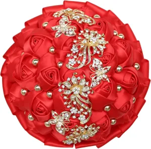 WIFELAI-A Golden Rhinestone Brooch Wedding Flowers Bridal Bouquets Crystal Bride Holding Bouquet White Ivory Satin Roses with Diamond
