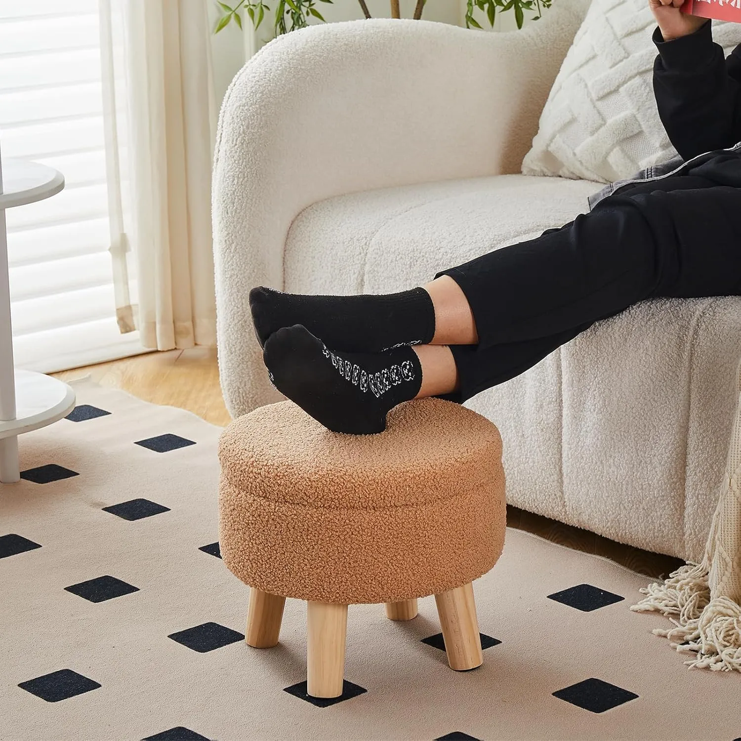 Wimarsbon Storage Ottoman, Modern Round Footrest with Soft Padded Seat, Teddy Velvet Footstool with Wood Legs, Accent Small Table or Plant Stand for Hallway, Living Room (Champagne)