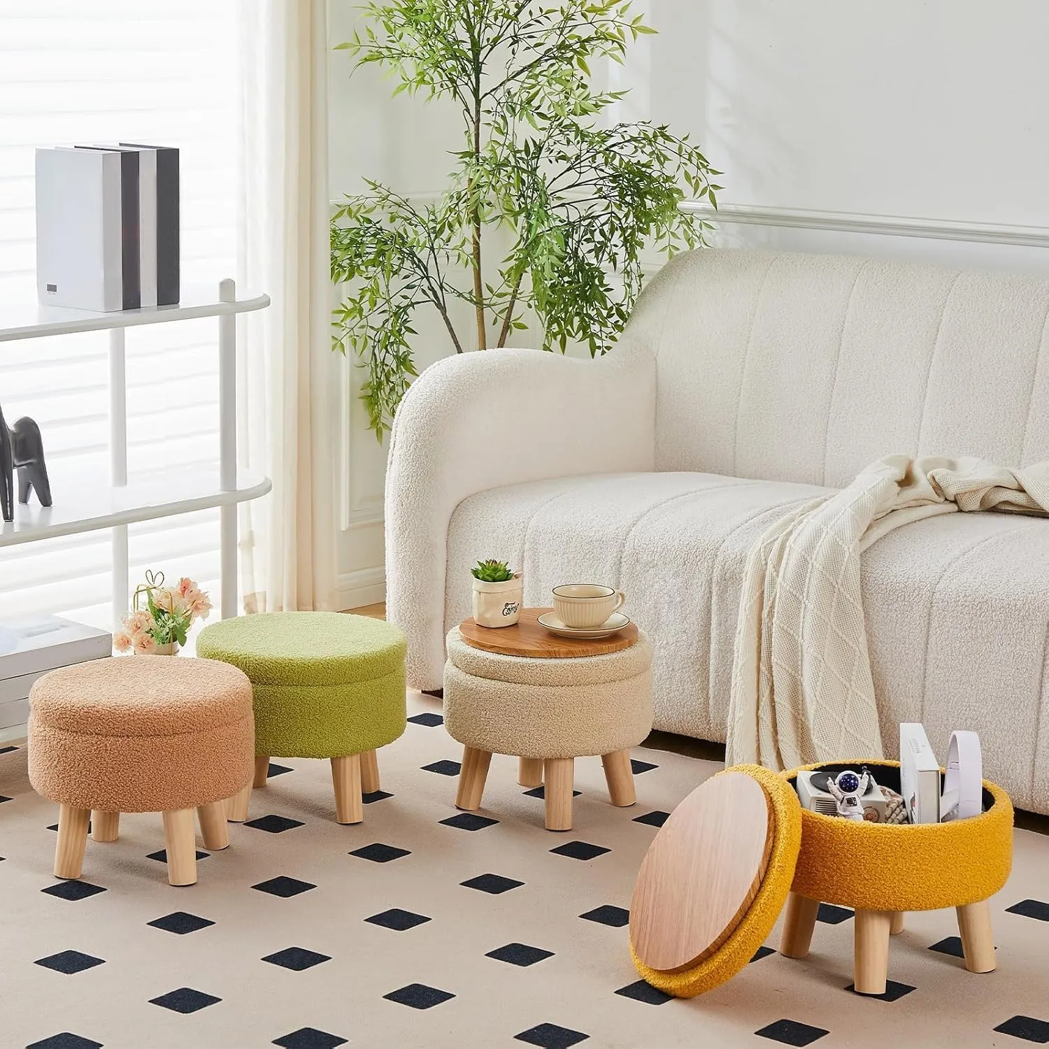 Wimarsbon Storage Ottoman, Modern Round Footrest with Soft Padded Seat, Teddy Velvet Footstool with Wood Legs, Accent Small Table or Plant Stand for Hallway, Living Room (Champagne)
