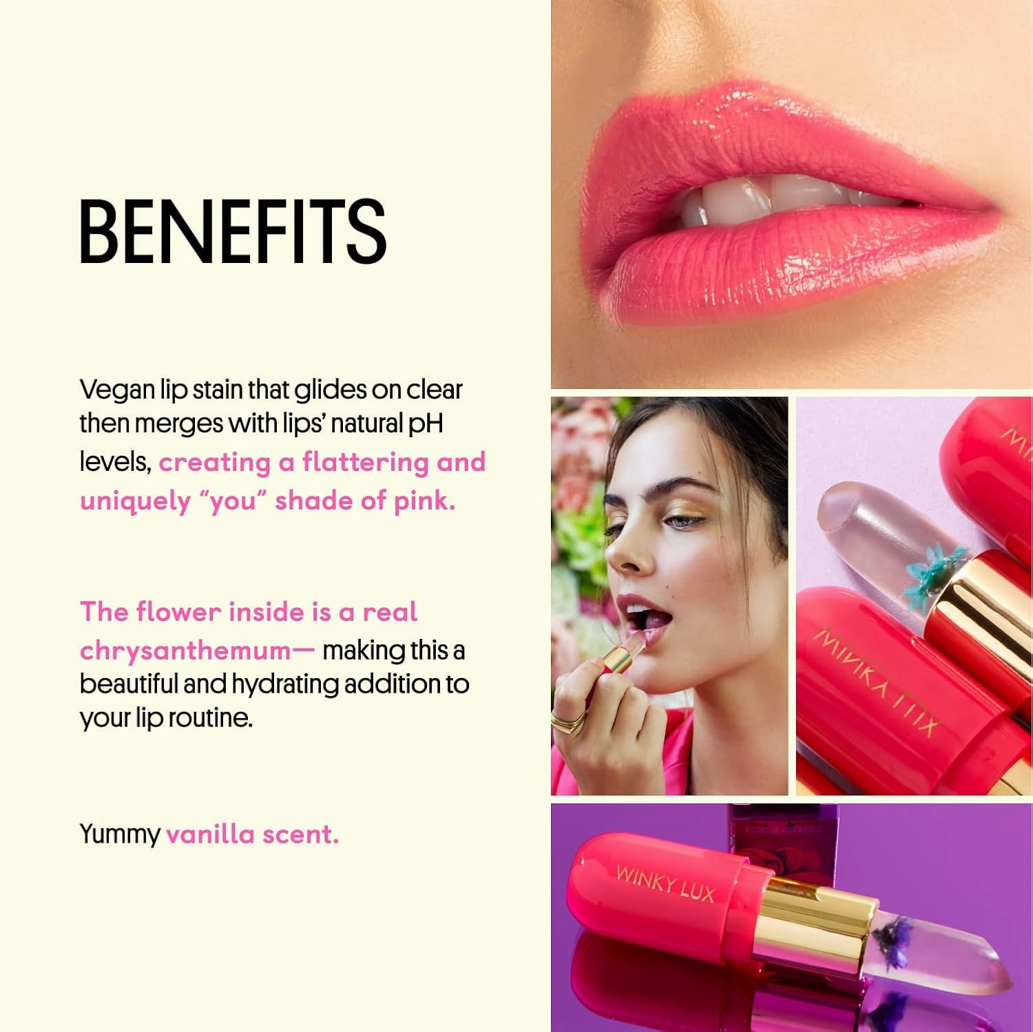 Winky Lux Flower Balm, pH Lip Balm, Color Changing Lipstick and Tinted Stain, Vegan & Cruelty Free Lip Balm, Hydrate & Plump, Sheer Pink Lipstick, Blue Flower