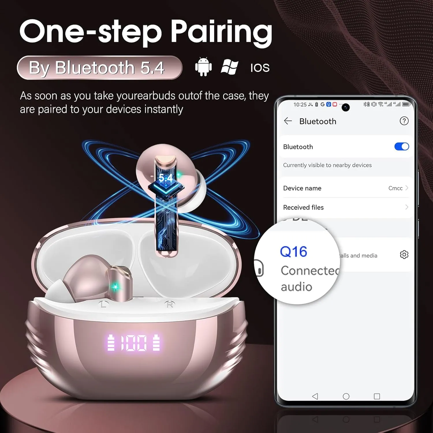 Wireless Earbuds Bluetooth 5.4 in Ear Light-Weight Headphones Built-in MIC, 48H Playback HiFi Stereo Bass Earphones, IPX7 Waterproof Ear Buds with Charging Case, Touch Control, Rose Gold