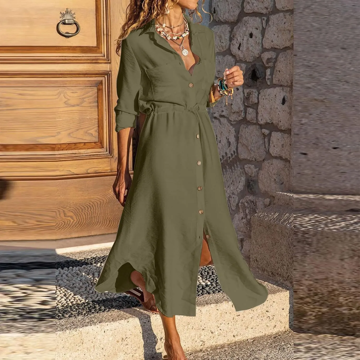 Women Elegant Casual Summer Spring Button Down Front Long Sleeve Maxi Dress Long Cardigan Cover Ups Shirt Dresses