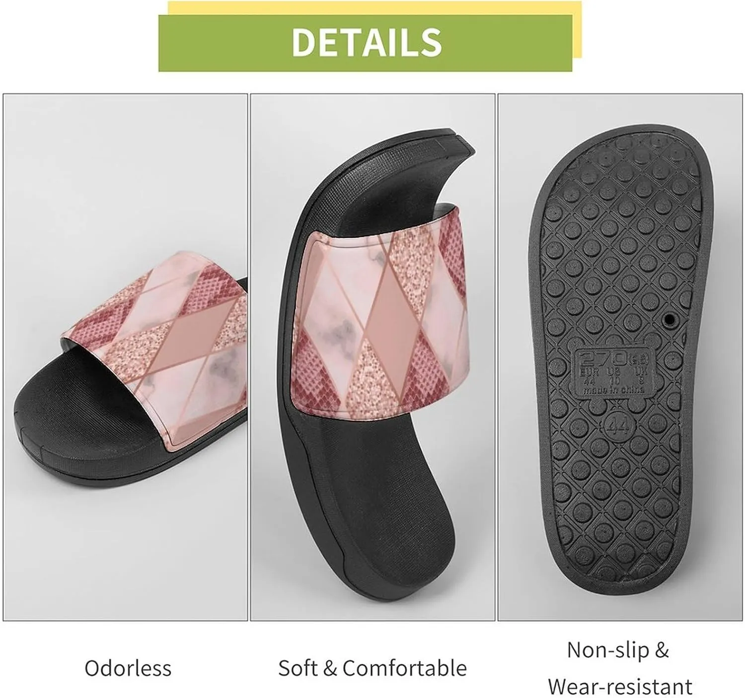 Women Men Slide Slippers Sandals Shower Home Beach House Shoes Gifts, Rose Gold Marble Snakeskin Geometric
