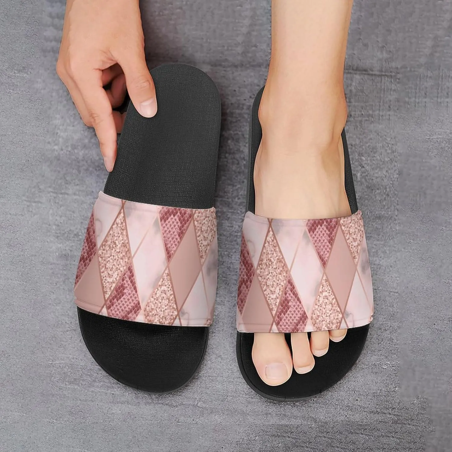 Women Men Slide Slippers Sandals Shower Home Beach House Shoes Gifts, Rose Gold Marble Snakeskin Geometric