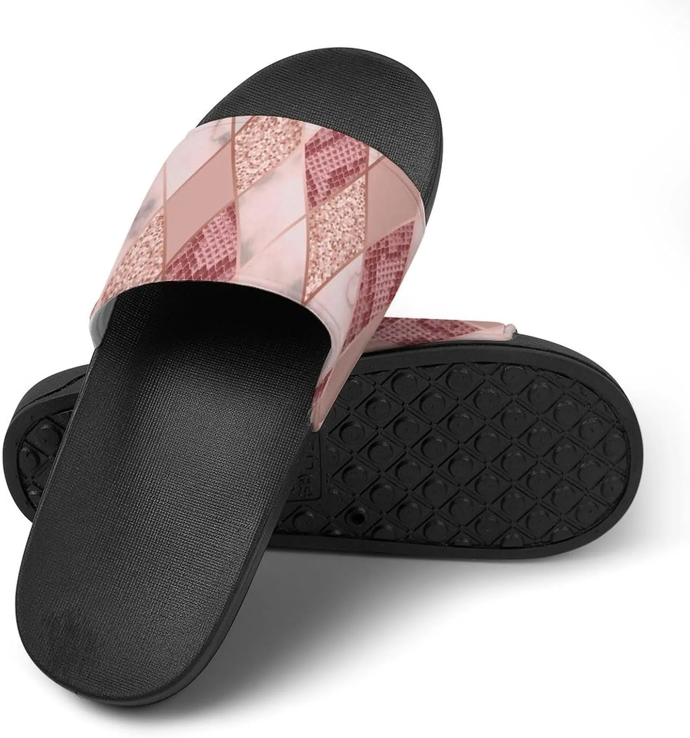 Women Men Slide Slippers Sandals Shower Home Beach House Shoes Gifts, Rose Gold Marble Snakeskin Geometric