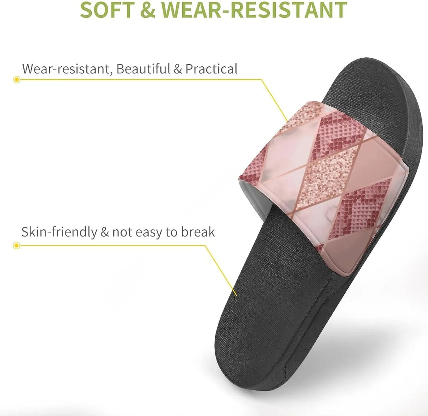 Women Men Slide Slippers Sandals Shower Home Beach House Shoes Gifts, Rose Gold Marble Snakeskin Geometric