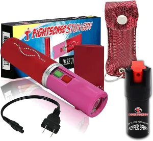 Women Self Defense Kit W/Pepper Spray and Lipstick Stun Gun W/Flashlight, 25Burst, 1.6µC Painful Charge, Rechargeable Battery, Includes Keychain Leather Pouch (Red)