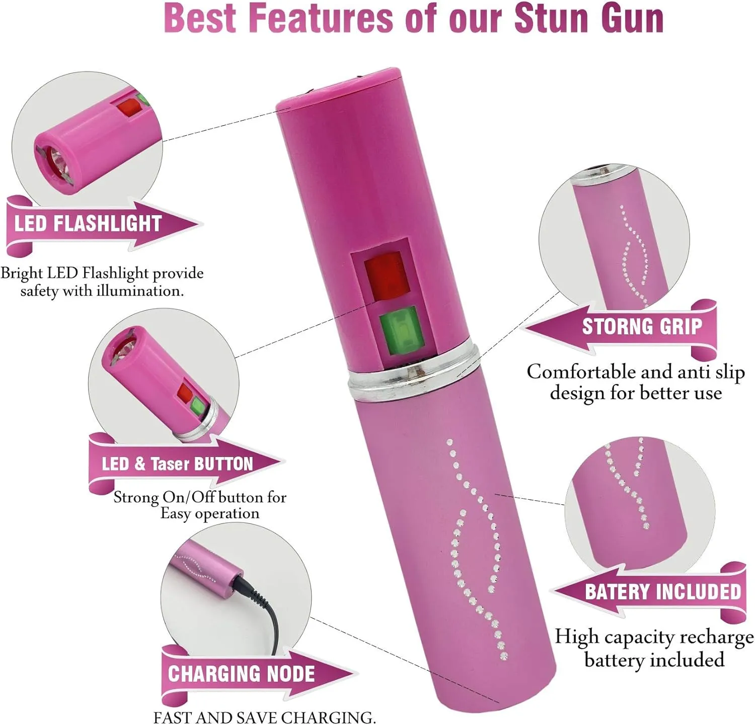 Women Self Defense Kit W/Pepper Spray and Lipstick Stun Gun W/Flashlight, 25Burst, 1.6µC Painful Charge, Rechargeable Battery, Includes Keychain Leather Pouch
