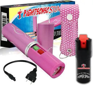 Women Self Defense Kit W/Pepper Spray and Lipstick Stun Gun W/Flashlight, 25Burst, 1.6µC Painful Charge, Rechargeable Battery, Includes Keychain Leather Pouch