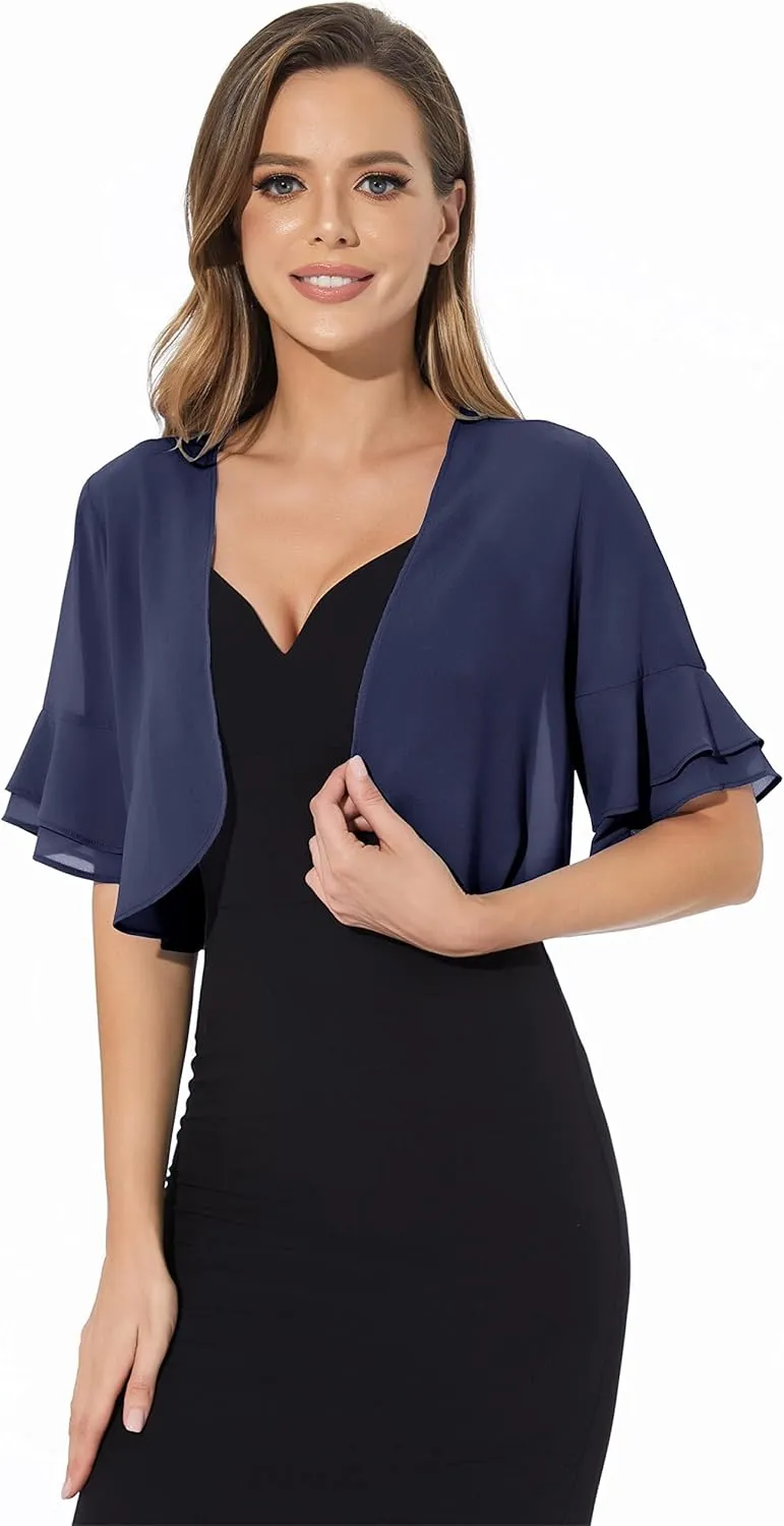 Women Shrug Soft Chiffon Open Front Sheer 3/4 Sleeve Bolero Cardigan for Evening Dress