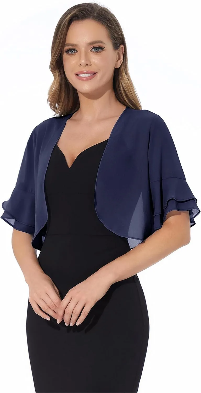 Women Shrug Soft Chiffon Open Front Sheer 3/4 Sleeve Bolero Cardigan for Evening Dress