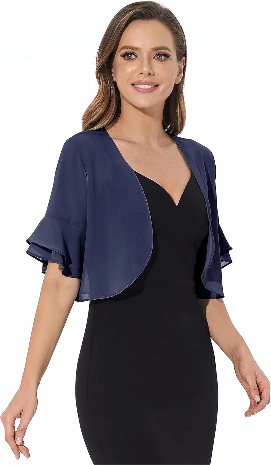 Women Shrug Soft Chiffon Open Front Sheer 3/4 Sleeve Bolero Cardigan for Evening Dress