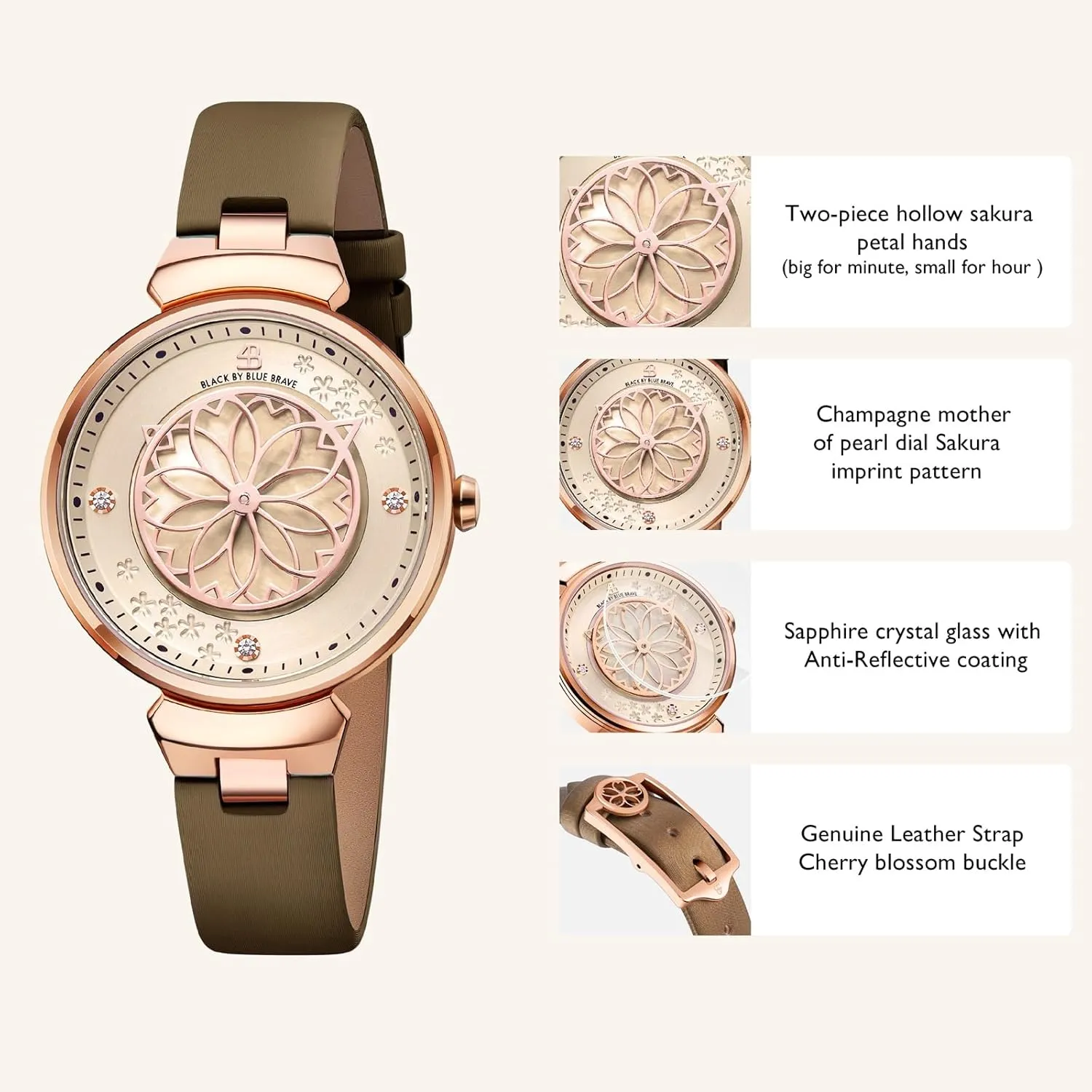 Women Watches Sakura Petal Hand Mother of Pearl Dial with Leather Strap Cherry Blossom Watch for Women Ladies Watch from Brand