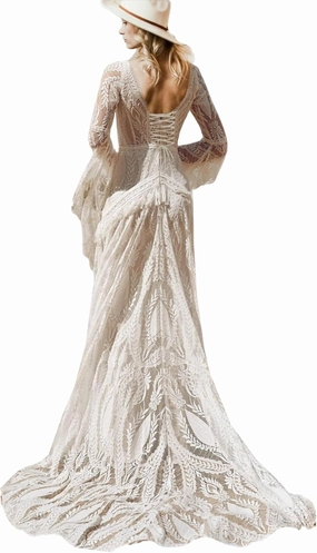 Women Beach Lace Wedding Dress V Neck Long Bell Sleeves Low Back Tasseled Boho Tasseled Formal Bridal Gowns