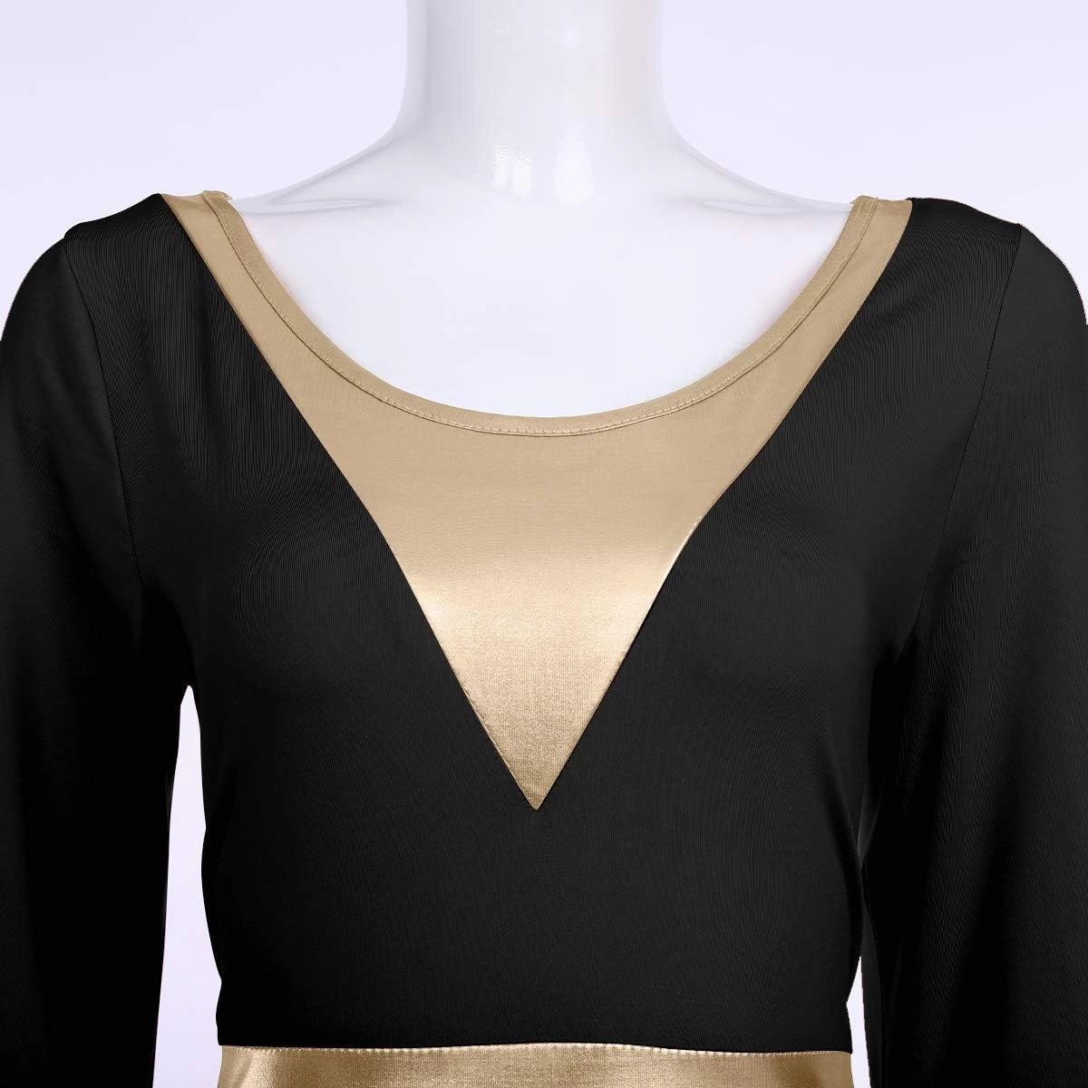 Women Metallic Color Block Liturgical Praise Dance Dress Bell Long Sleeve Lyrical Dancewear Gowns Worship Costume