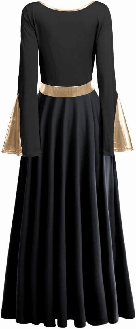 Women Metallic Color Block Liturgical Praise Dance Dress Bell Long Sleeve Lyrical Dancewear Gowns Worship Costume