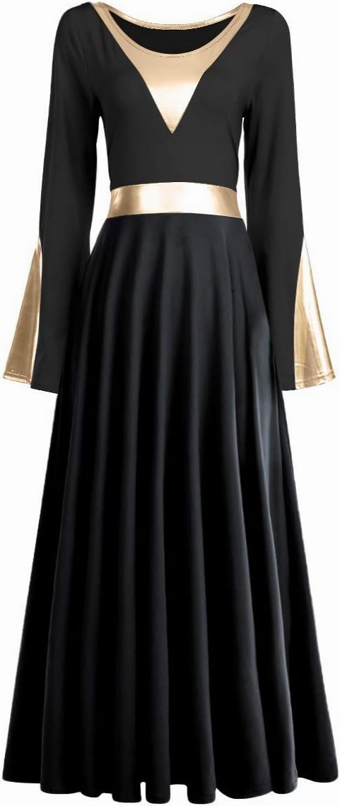 Women Metallic Color Block Liturgical Praise Dance Dress Bell Long Sleeve Lyrical Dancewear Gowns Worship Costume