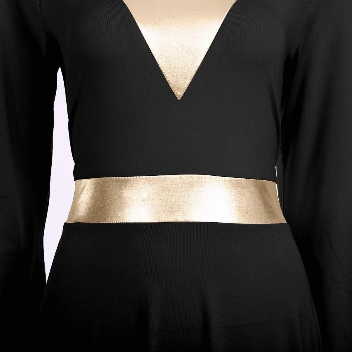 Women Metallic Color Block Liturgical Praise Dance Dress Bell Long Sleeve Lyrical Dancewear Gowns Worship Costume