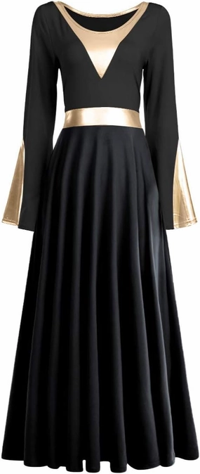 Women Metallic Color Block Liturgical Praise Dance Dress Bell Long Sleeve Lyrical Dancewear Gowns Worship Costume