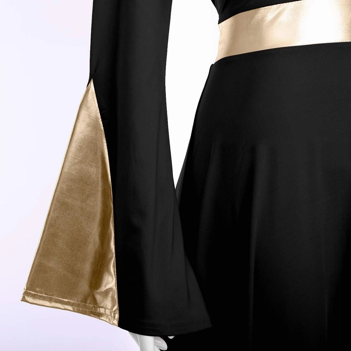 Women Metallic Color Block Liturgical Praise Dance Dress Bell Long Sleeve Lyrical Dancewear Gowns Worship Costume