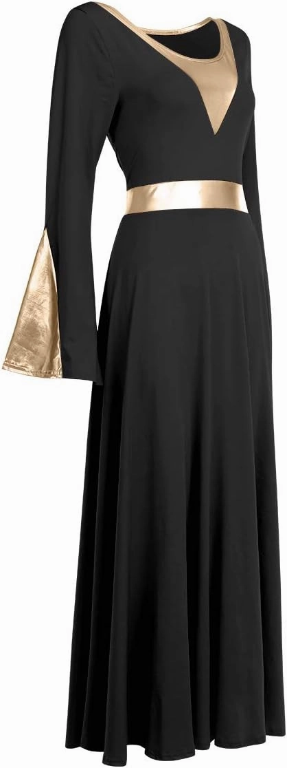 Women Metallic Color Block Liturgical Praise Dance Dress Bell Long Sleeve Lyrical Dancewear Gowns Worship Costume
