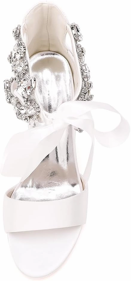 Women's Block Heel Wedding Sandals Rhinestones Open Toe Chunky Ribbon Bridal Shoes Prom Eveing Party Shoes