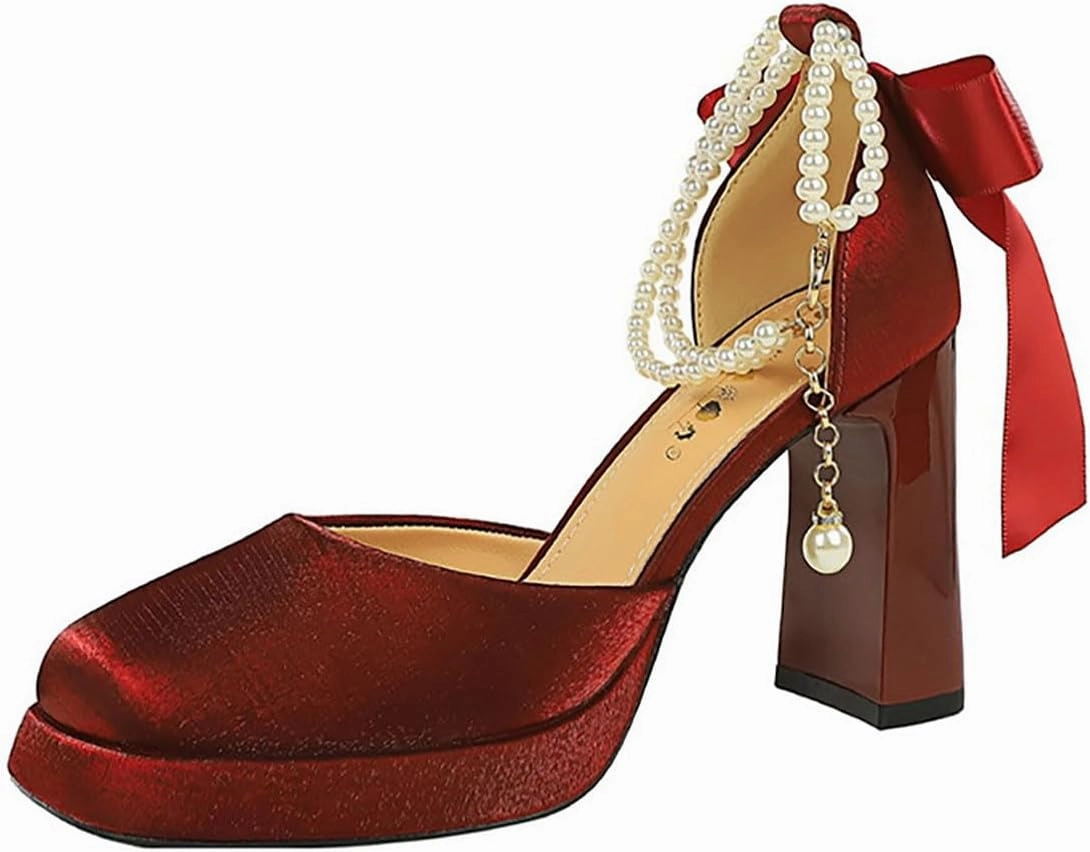 Women's Closed Toe Satin Back Bow Thick Heel Pearl Ankle Strap Platform High Heels Chunky Block Heels Comfortable Wedding Party Dress Shoes