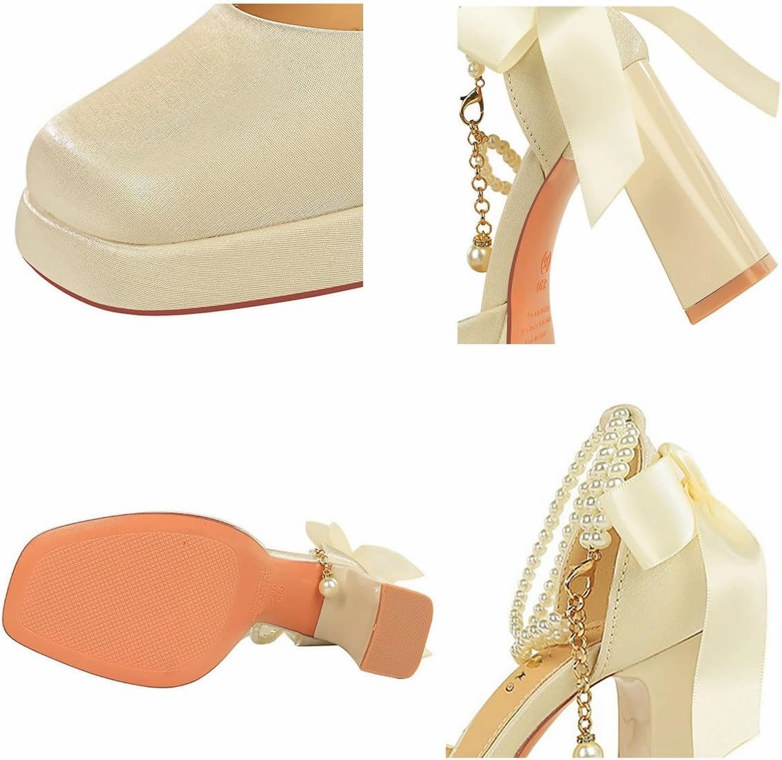 Women's Closed Toe Satin Back Bow Thick Heel Pearl Ankle Strap Platform High Heels Chunky Block Heels Comfortable Wedding Party Dress Shoes